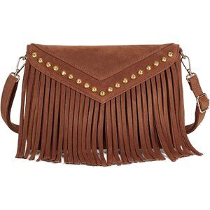 Boho Western Fringe Purse for Women Double Velour Suede Crossbody Tassel Hobo Ba